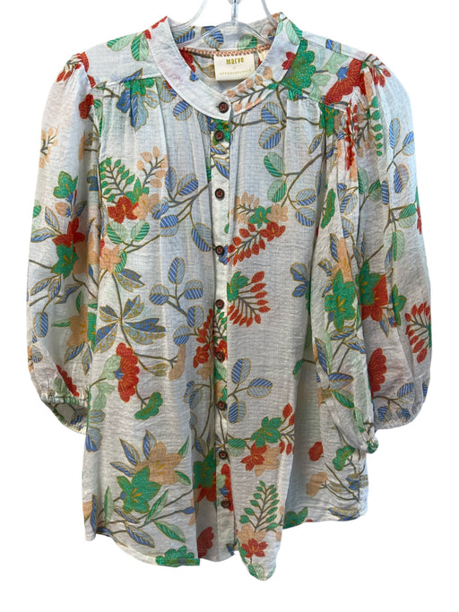 Maeve Size 4 white, green & red Cotton Blend Half Puff Sleeve Floral Top white, green & red / 4