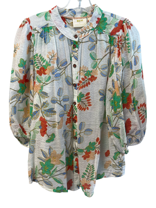 Maeve Size 4 white, green & red Cotton Blend Half Puff Sleeve Floral Top white, green & red / 4