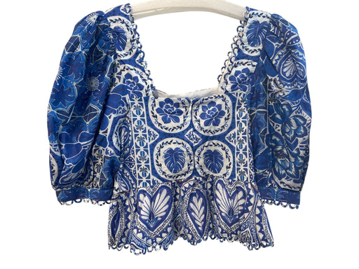 Farm Rio Size S Blue & White Cotton floral print Square Neck Half Sleeve Top Blue & White / S