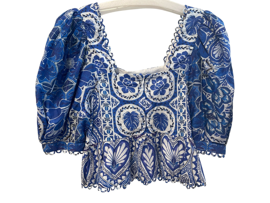 Farm Rio Size S Blue & White Cotton floral print Square Neck Half Sleeve Top Blue & White / S