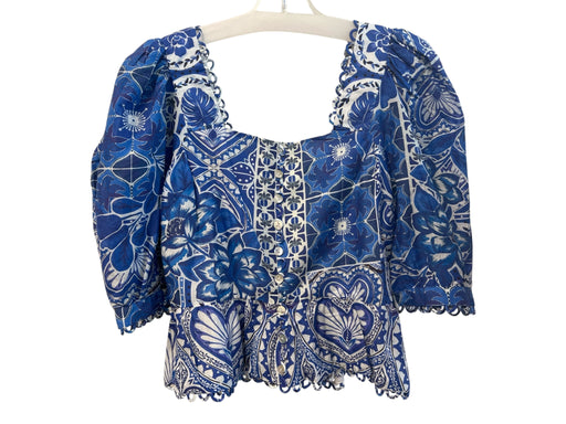 Farm Rio Size S Blue & White Cotton floral print Square Neck Half Sleeve Top Blue & White / S