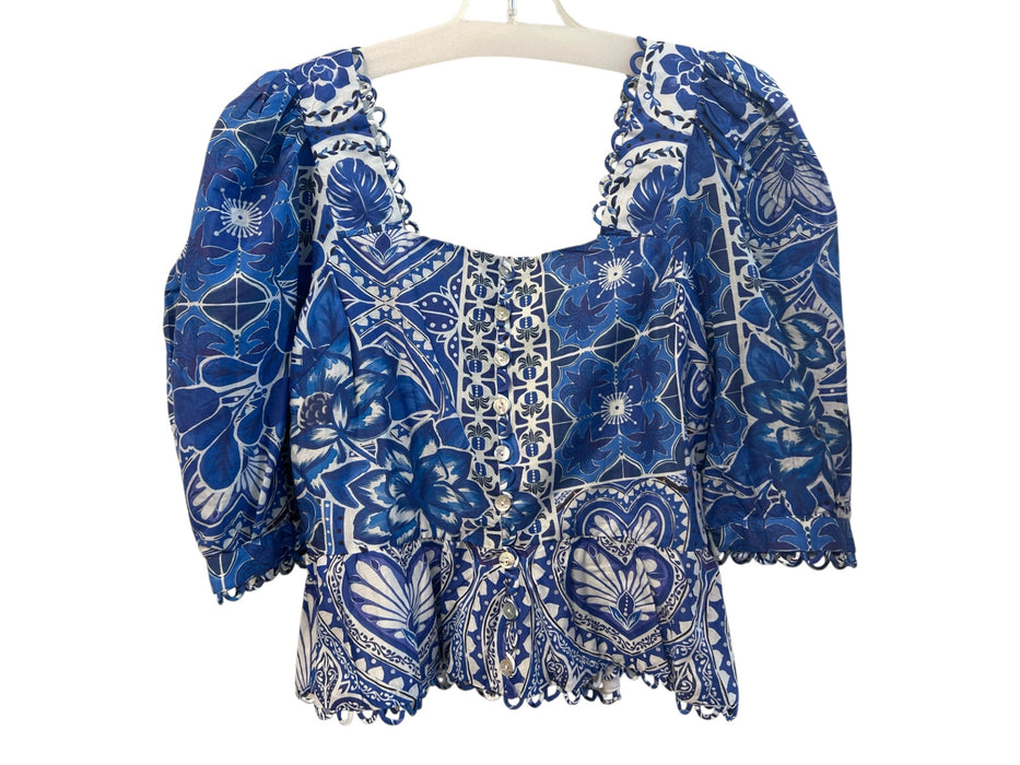 Farm Rio Size S Blue & White Cotton floral print Square Neck Half Sleeve Top Blue & White / S