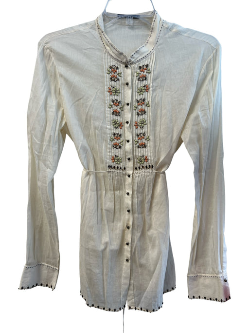 Elie Tahari Size M Cream Cotton Semi Sheer Beaded Button Up Long Sleeve Top Cream / M