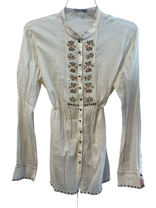 Elie Tahari Size M Cream Cotton Semi Sheer Beaded Button Up Long Sleeve Top Cream / M
