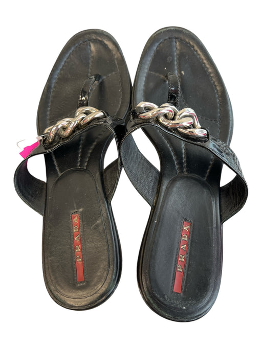 Prada Shoe Size Est 7 Black Leather Sandal Round Toe Slip On Shoes Black / Est 7