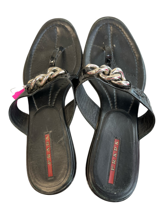 Prada Shoe Size Est 7 Black Leather Sandal Round Toe Slip On Shoes Black / Est 7