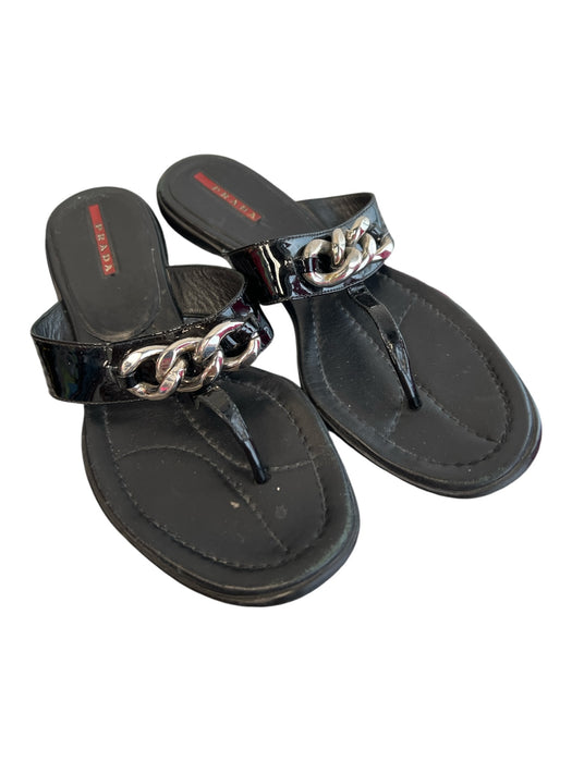 Prada Shoe Size Est 7 Black Leather Sandal Round Toe Slip On Shoes Black / Est 7