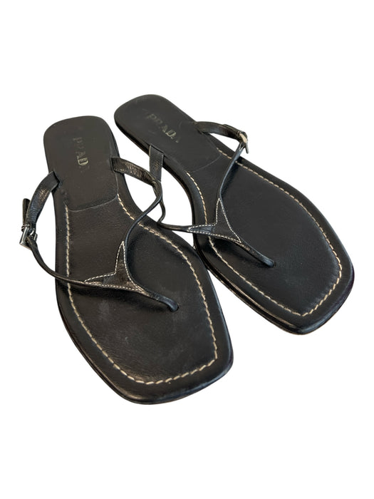 Prada Shoe Size Est 7 Black Leather Sandal Square Toe Slip On Shoes Black / Est 7