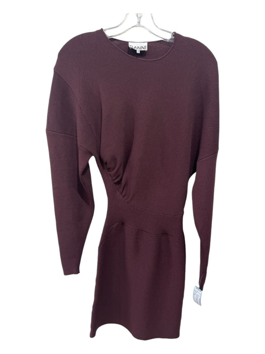 Ganni Size XXS Brown Rayon Blend Rib Knit Long Sleeve Drop Shoulder Mini Dress Brown / XXS