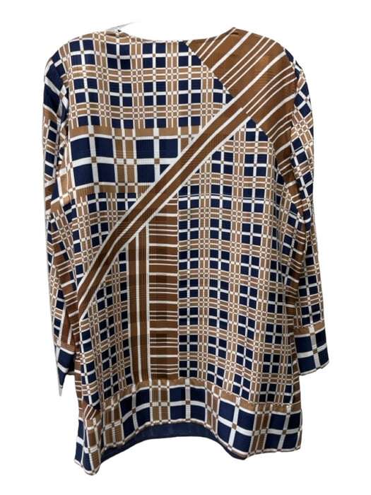 Lafayette 148 Size L Beige White Blue Silk V Neck Plaid Long Sleeve Top Beige White Blue / L