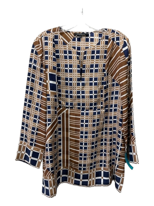 Lafayette 148 Size L Beige White Blue Silk V Neck Plaid Long Sleeve Top Beige White Blue / L