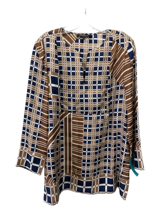 Lafayette 148 Size L Beige White Blue Silk V Neck Plaid Long Sleeve Top Beige White Blue / L