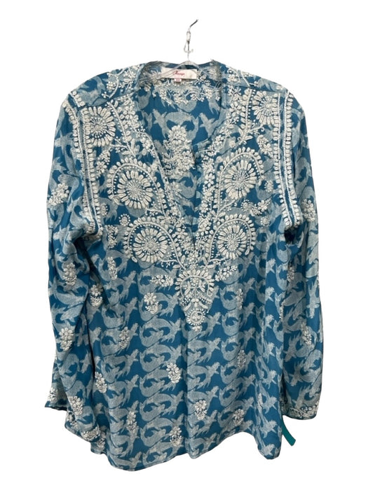 Amaya Size 44 Blue & White Silk Floral Embroidered Koi Round split neck Top Blue & White / 44