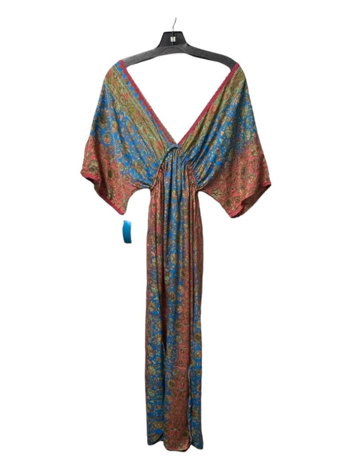 Paani Size S Blue & Multi Polyester V Neck V Back Drop Shoulder Tie Front Dress Blue & Multi / S