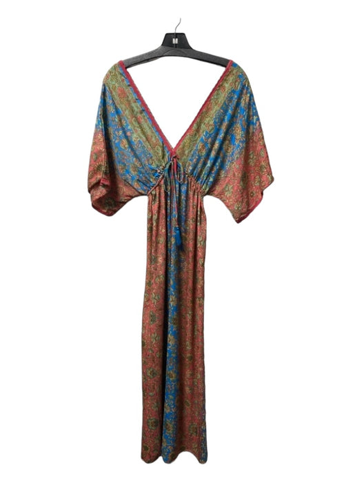 Paani Size S Blue & Multi Polyester V Neck V Back Drop Shoulder Tie Front Dress Blue & Multi / S