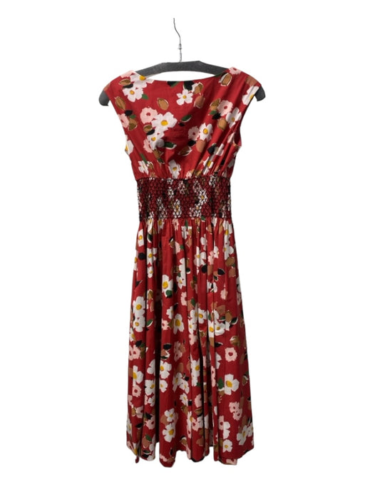 Kate Spade Size XS Red & Multi Cotton V Neck Sleeveless Smocked Waist Midi Dress Red & Multi / XS