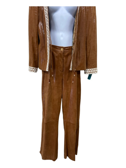 St John Couture Size 12/14 Brown & White Lamb Suede Paillettes Paneled Pant Set Brown & White / 12/14