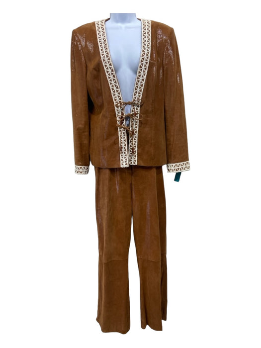 St John Couture Size 12/14 Brown & White Lamb Suede Paillettes Paneled Pant Set Brown & White / 12/14