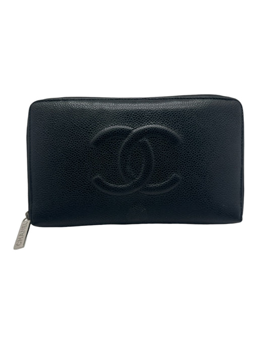 Chanel Black Leather Quilted Logo Caviar Zip around Wallets Black