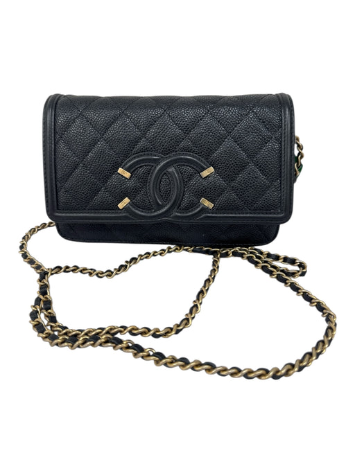 Chanel Black & Gold Caviar Leather Interlocking C's Chain Strap Snap Closure Bag Black & Gold / Small