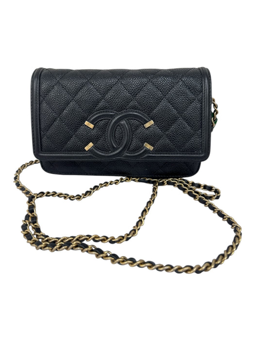 Chanel Black & Gold Caviar Leather Interlocking C's Chain Strap Snap Closure Bag Black & Gold / Small