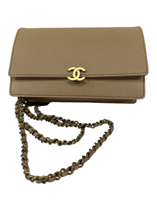 Chanel Tan & Gold Caviar Leather Interlocking C's Chain Strap Wallet Bag Tan & Gold / Small