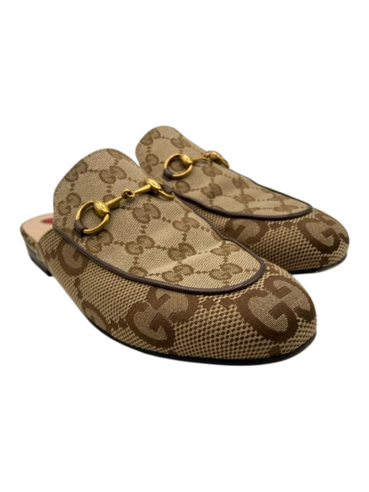 Gucci Shoe Size 36 Brown & Beige Canvas & Leather Guccisima Leather Trim Flats Brown & Beige / 36