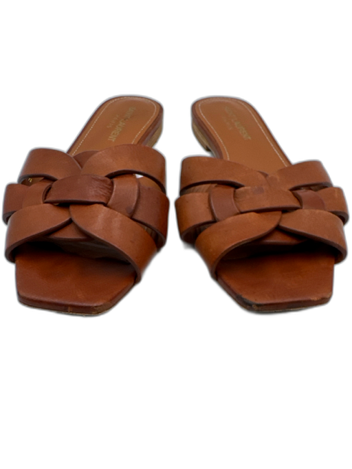 Saint Laurent Shoe Size 36.5 Cognac Brown Leather Upper Woven Slide Mule Sandals Cognac Brown / 36.5