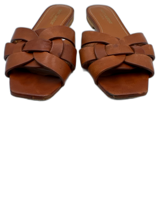 Saint Laurent Shoe Size 36.5 Cognac Brown Leather Upper Woven Slide Mule Sandals Cognac Brown / 36.5