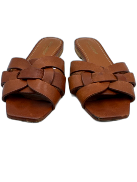 Saint Laurent Shoe Size 36.5 Cognac Brown Leather Upper Woven Slide Mule Sandals Cognac Brown / 36.5