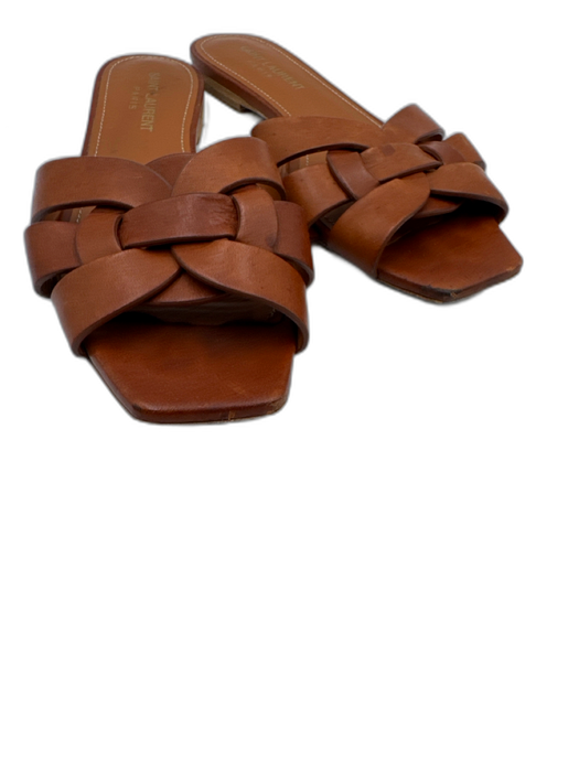 Saint Laurent Shoe Size 36.5 Cognac Brown Leather Upper Woven Slide Mule Sandals Cognac Brown / 36.5