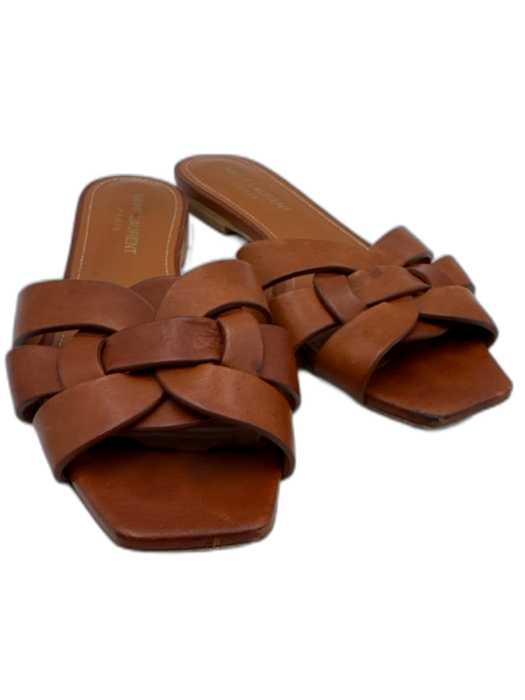 Saint Laurent Shoe Size 36.5 Cognac Brown Leather Upper Woven Slide Mule Sandals Cognac Brown / 36.5