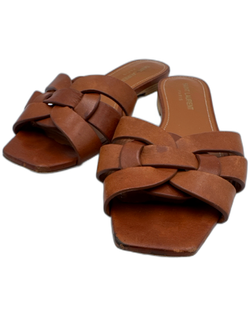 Saint Laurent Shoe Size 36.5 Cognac Brown Leather Upper Woven Slide Mule Sandals Cognac Brown / 36.5