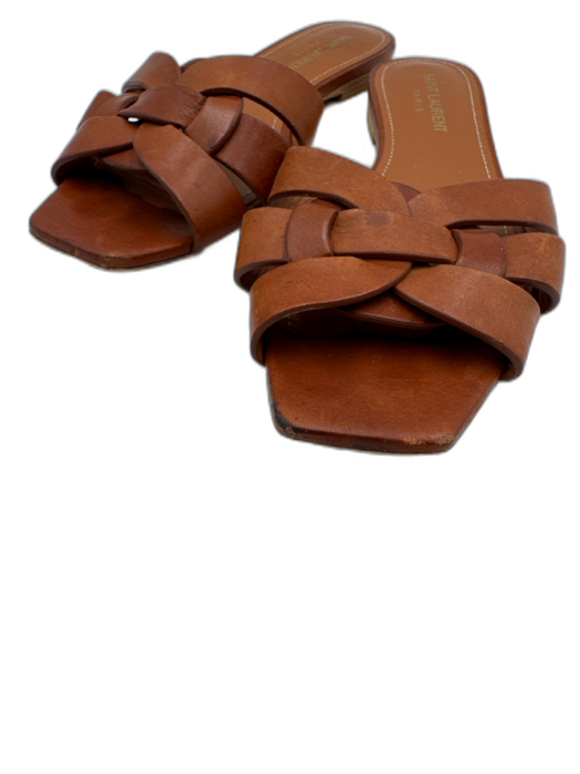 Saint Laurent Shoe Size 36.5 Cognac Brown Leather Upper Woven Slide Mule Sandals Cognac Brown / 36.5