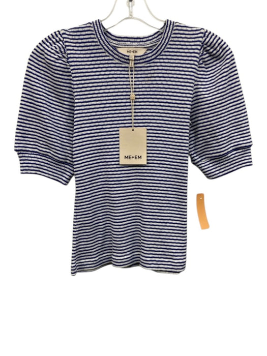 ME+EM Size 2 Blue & White Cotton Short Puff Sleeve Stripe Rib Knit T Shirt Top Blue & White / 2