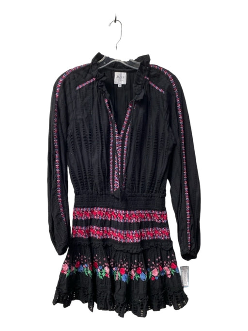 Misa Size M Black & Multi Cotton Long Sleeve Split round neck Eyelet Dress Black & Multi / M