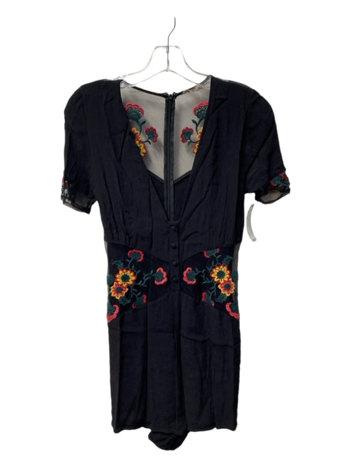 For Love & Lemons Size XS Black & Multi Viscose Blend V Neck Short Sleeve Romper Black & Multi / XS