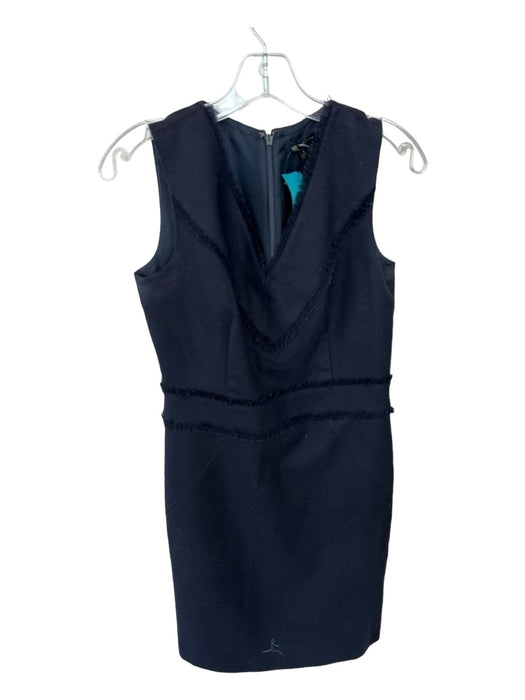 Brooks Brothers Size 6 Navy Wool Sleeveless Fringe V Neck Midi Dress Navy / 6