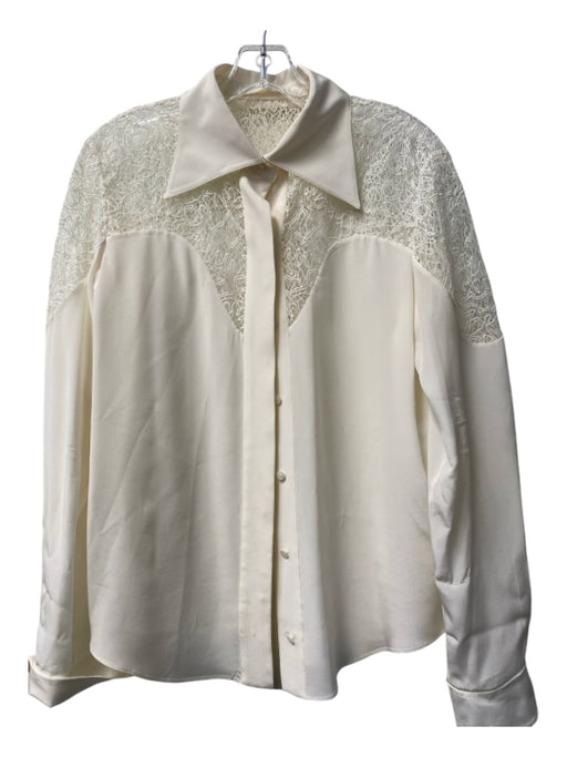 Chloe Size 40 Milk Silk Button Down Collared Lace Detail Long Sleeve Top Milk / 40