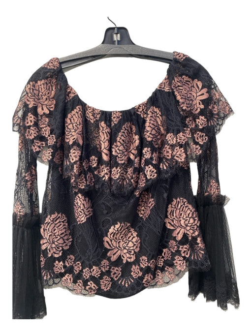 Alexis Size M Black & Pink Nylon Blend Off Shoulder Lace Long Bell Sleeves Top Black & Pink / M