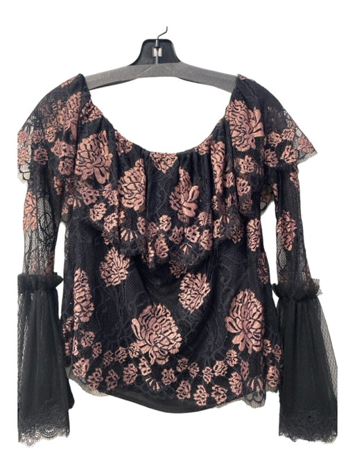 Alexis Size M Black & Pink Nylon Blend Off Shoulder Lace Long Bell Sleeves Top Black & Pink / M