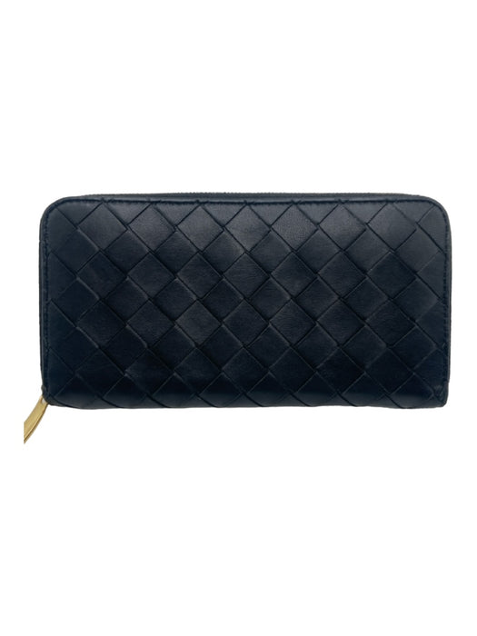 Bottega Veneta Black Leather Woven Continental Gold Hardware Top Zip Wallets Black