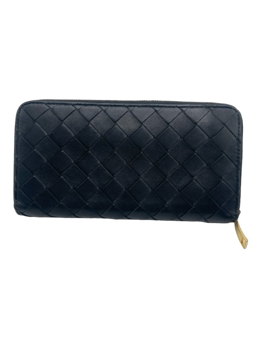 Bottega Veneta Black Leather Woven Continental Gold Hardware Top Zip Wallets Black