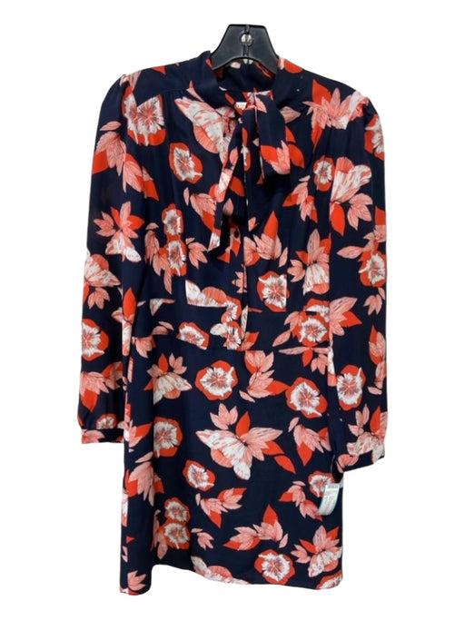 Shoshanna Size 2 Navy, Orange & White Long Sleeve Floral Tie Neck Dress Navy, Orange & White / 2