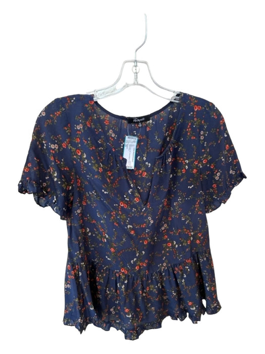 Madewell Size XS Navy & Red Silk Short Sleeve Floral V Neck Top Navy & Red / XS