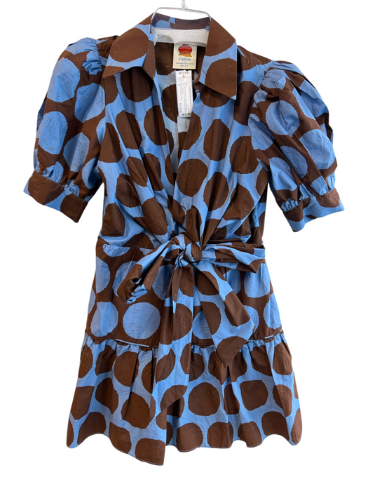 Farm for Anthropologie Size M Blue & Brown Cotton Collared V Neck Dress Blue & Brown / M