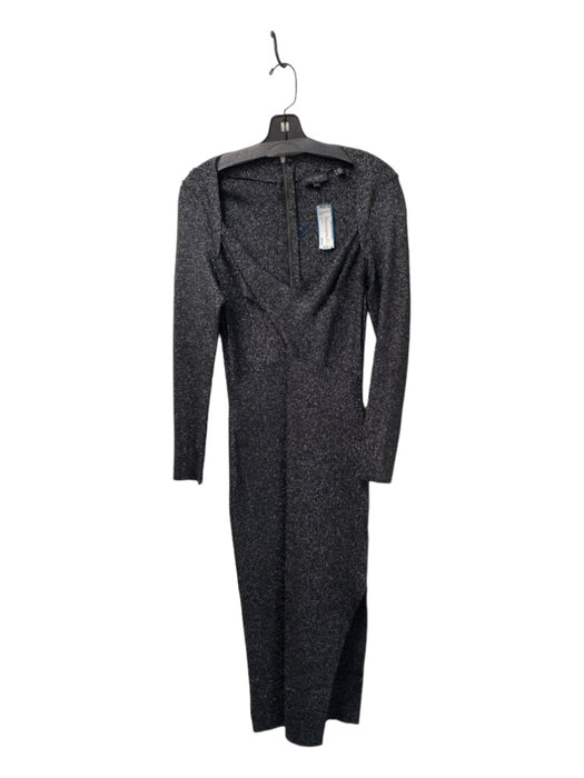 Ted Baker Size 3 Black & Silver Viscose Blend V Neck Long Sleeve Midi Dress Black & Silver / 3