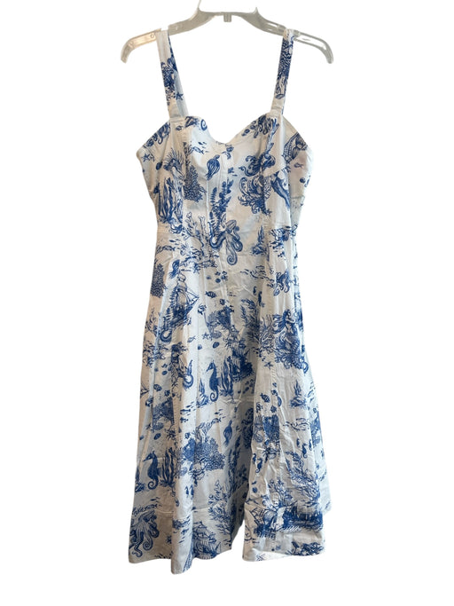 Avec Les Filles Size 14 White & Blue Cotton Sleeveless Ocean Motif Lined Dress White & Blue / 14