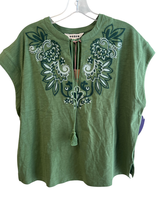 Boden Size 8 Green Cotton V Neck Short Cap Sleeve Embroidered Top Green / 8