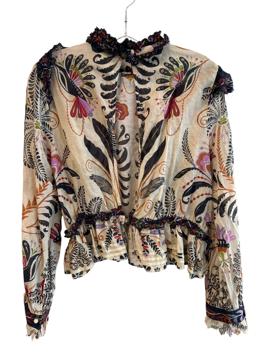 Farm Rio Size Large Cream & Multi Cotton Long Sleeve Paisley Round Neck Top Cream & Multi / Large
